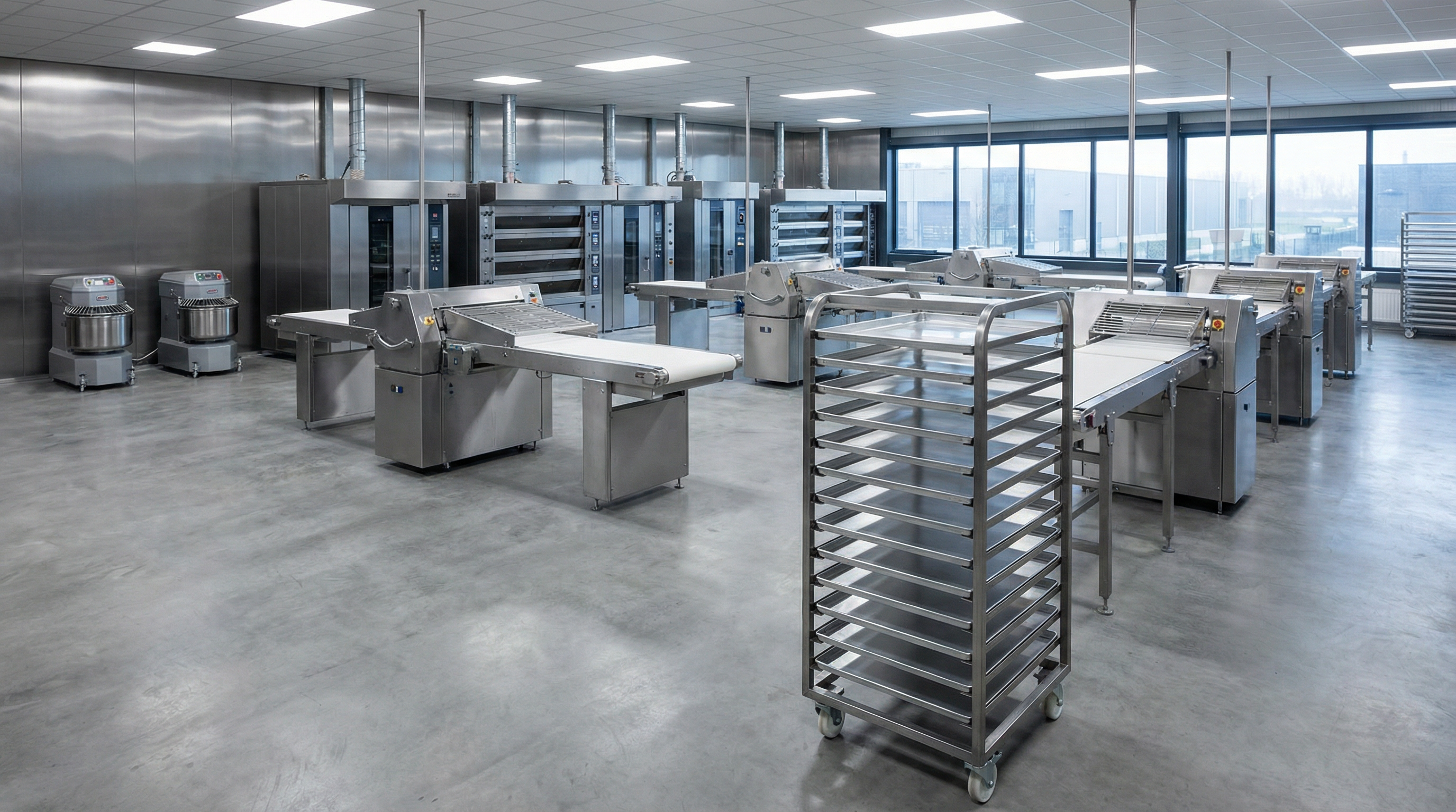 Schone bakkerij met glanzende bakblikken